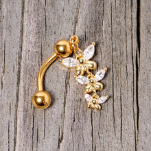 Load image into Gallery viewer, Clear Gem Gold Tone Band of Butterflies Top Mount Dangle Belly Ring
