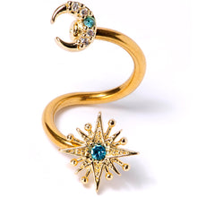 Load image into Gallery viewer, 14G 3/8 Clear Blue Gem Gold Tone Moon Star Spiral Twister Belly Ring
