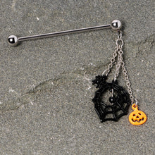 Load image into Gallery viewer, 14G Spiderweb Pumpkin Halloween Dangle Industrial Barbell 38mm
