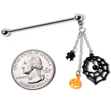 Load image into Gallery viewer, 14G Spiderweb Pumpkin Halloween Dangle Industrial Barbell 38mm
