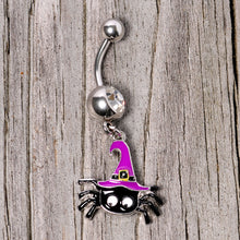 Load image into Gallery viewer, Clear Gem Black Purple Witchy Spider Halloween Dangle Belly Ring
