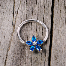 Load image into Gallery viewer, 16G 3/8 Blue Gem Royal Flower Hinged Segment Ring
