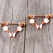 Load image into Gallery viewer, 14G 5/8 Gold Tone White Flower Butterfly Dangle Nipple Ring Set
