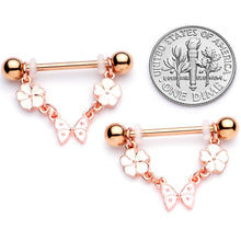 Load image into Gallery viewer, 14G 5/8 Gold Tone White Flower Butterfly Dangle Nipple Ring Set
