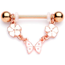 Load image into Gallery viewer, 14G 5/8 Gold Tone White Flower Butterfly Dangle Nipple Ring Set
