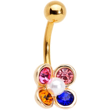 Load image into Gallery viewer, Pink Blue Yellow Gem Gold Tone Flower Belly Ring
