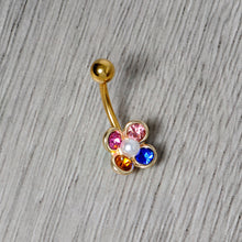 Load image into Gallery viewer, Pink Blue Yellow Gem Gold Tone Flower Belly Ring
