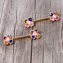 Load image into Gallery viewer, 14G 9/16 Pink Blue Gem Gold Tone Flower Barbell Nipple Ring Set
