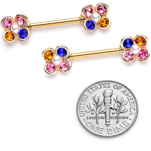 Load image into Gallery viewer, 14G 9/16 Pink Blue Gem Gold Tone Flower Barbell Nipple Ring Set
