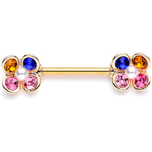 Load image into Gallery viewer, 14G 9/16 Pink Blue Gem Gold Tone Flower Barbell Nipple Ring Set

