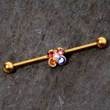 Load image into Gallery viewer, 14G Pink Blue Yellow Gem Gold Tone Flower Industrial Barbell 38mm
