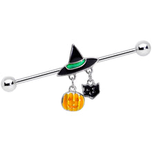 Load image into Gallery viewer, 14G Black Cat Witch Hat Halloween Dangle Industrial Barbell 38mm
