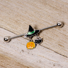 Load image into Gallery viewer, 14G Black Cat Witch Hat Halloween Dangle Industrial Barbell 38mm
