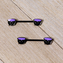 Load image into Gallery viewer, 14G 11/16 Black Purple Cauldron Halloween Barbell Nipple Ring Set
