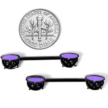 Load image into Gallery viewer, 14G 11/16 Black Purple Cauldron Halloween Barbell Nipple Ring Set
