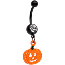 Load image into Gallery viewer, Clear Gem Black Orange Pumpkin Halloween Dangle Belly Ring
