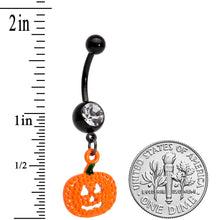 Load image into Gallery viewer, Clear Gem Black Orange Pumpkin Halloween Dangle Belly Ring
