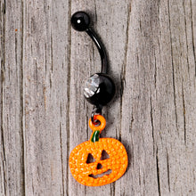 Load image into Gallery viewer, Clear Gem Black Orange Pumpkin Halloween Dangle Belly Ring
