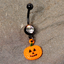 Load image into Gallery viewer, Clear Gem Black Orange Pumpkin Halloween Dangle Belly Ring
