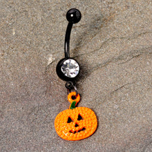 Load image into Gallery viewer, Clear Gem Black Orange Pumpkin Halloween Dangle Belly Ring
