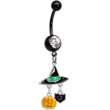 Load image into Gallery viewer, Clear Gem Black Cat Witch Hat Halloween Dangle Belly Ring
