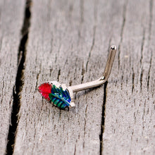 Load image into Gallery viewer, 20G 1/4 Blue Green Red Feather L Shaped Nose Ring
