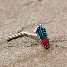 Load image into Gallery viewer, 20G 1/4 Blue Green Red Feather L Shaped Nose Ring
