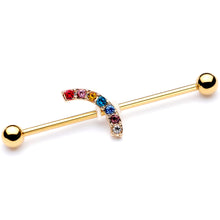 Load image into Gallery viewer, 14G Red Blue Gem Gold Tone Rainbow Arc Industrial Barbell 38mm
