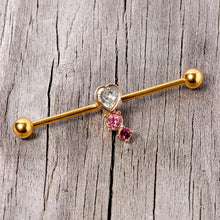 Load image into Gallery viewer, 14G Clear Pink Red Gem Gold Tone Heart Industrial Barbell 38mm
