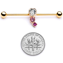 Load image into Gallery viewer, 14G Clear Pink Red Gem Gold Tone Heart Industrial Barbell 38mm
