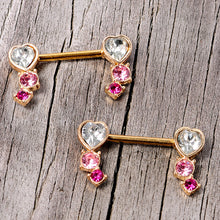 Load image into Gallery viewer, 14G 9/16 Clear Pink Red Gem Heart Barbell Nipple Ring Set

