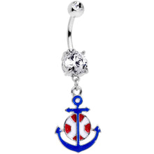 Load image into Gallery viewer, Clear Gem Blue Red Life Ring Anchor Nautical Belly Ring
