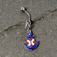 Load image into Gallery viewer, Clear Gem Blue Red Life Ring Anchor Nautical Belly Ring
