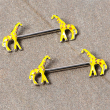 Load image into Gallery viewer, 14G 9/16 Brown Yellow Giraffe Barbell Nipple Ring Set
