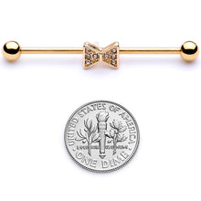 Load image into Gallery viewer, 14G Clear Gem Gold Tone Bow Tie Industrial Barbell 38mm

