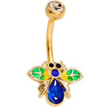 Load image into Gallery viewer, Blue Clear Gem Gold Tone Colorful Bee Belly Ring
