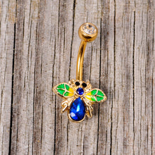 Load image into Gallery viewer, Blue Clear Gem Gold Tone Colorful Bee Belly Ring

