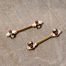 Load image into Gallery viewer, 14G 9/16 Clear Yellow Gem Gold Tone Bee Barbell Nipple Ring Set
