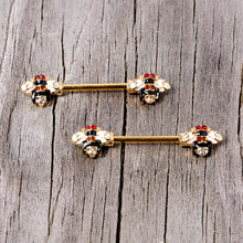 Load image into Gallery viewer, 14G 9/16 Clear Yellow Gem Gold Tone Bee Barbell Nipple Ring Set
