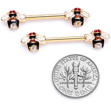 Load image into Gallery viewer, 14G 9/16 Clear Yellow Gem Gold Tone Bee Barbell Nipple Ring Set
