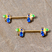Load image into Gallery viewer, 14G 9/16 Blue Gem Gold Tone Colorful Bee Barbell Nipple Ring Set
