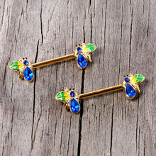 Load image into Gallery viewer, 14G 9/16 Blue Gem Gold Tone Colorful Bee Barbell Nipple Ring Set
