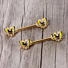 Load image into Gallery viewer, 14G 9/16 Clear Gem Gold Tone Butterfly Barbell Nipple Ring Set
