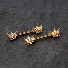Load image into Gallery viewer, 14G 9/16 Aurora Gem Gold Tone Crown Love Barbell Nipple Ring Set
