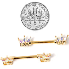 Load image into Gallery viewer, 14G 9/16 Aurora Gem Gold Tone Crown Love Barbell Nipple Ring Set
