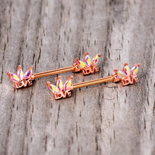 Load image into Gallery viewer, 14G 9/16 Aurora Gem Rose Gold Tone Love Crown Barbell Nipple Ring Set
