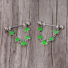 Load image into Gallery viewer, 14G 5/8 Green Marijuana Pot Leaf Dangle Barbell Nipple Ring Set
