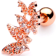 Load image into Gallery viewer, 16G 1/4 Clear CZ Gem Rose Gold Tone Butterfly Trio Cartilage Tragus

