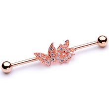 Load image into Gallery viewer, 14G Clear CZ Gem Rose Gold Tone Butterflies Industrial Barbell 38mm
