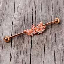 Load image into Gallery viewer, 14G Clear CZ Gem Rose Gold Tone Butterflies Industrial Barbell 38mm
